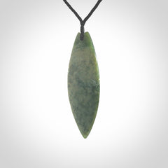 Hand carved New Zealand jade contemporary drop pendant. Hand carved in New Zealand by Darren Hill, jade artist, for NZ Pacific. One only, unique drop necklace with black adjustable cord. Free shipping worldwide.