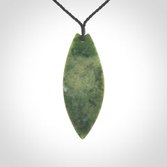 Hand carved New Zealand jade contemporary drop pendant. Hand carved in New Zealand by Darren Hill, jade artist, for NZ Pacific. One only, unique drop necklace with black adjustable cord. Free shipping worldwide.