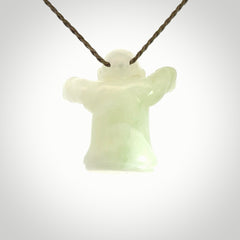 Jadeite monk pendant with adjustable necklace cord. Hand carved by NZ Pacific. Handmade jewellery for sale online. The cord is a hand plaited khaki green colour, which is length adjustable. Peaceful man necklace for men and women. Contemporary necklace hand made from Jadeite.