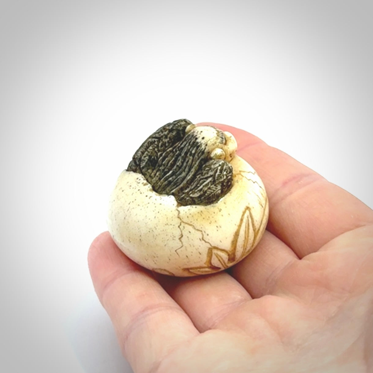 Hand carved Karasu Tengu carving made from Deer antler with Buffalo Horn. Hand made by master bone carver Fumio Noguchi. Spectacular collectable work of art to display. One only, delivered to you at no extra cost with express courier.