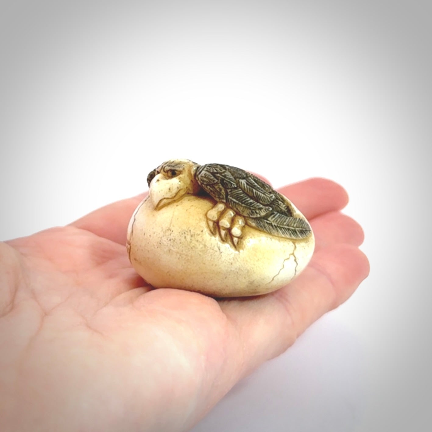 Hand carved Karasu Tengu carving made from Deer antler with Buffalo Horn. Hand made by master bone carver Fumio Noguchi. Spectacular collectable work of art to display. One only, delivered to you at no extra cost with express courier.