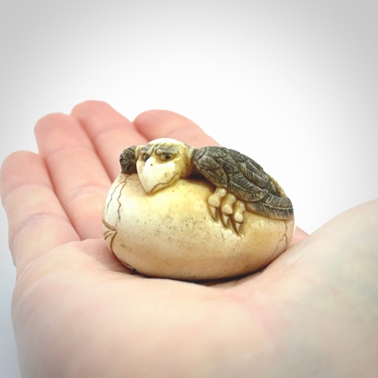 Hand carved Karasu Tengu carving made from Deer antler with Buffalo Horn. Hand made by master bone carver Fumio Noguchi. Spectacular collectable work of art to display. One only, delivered to you at no extra cost with express courier.