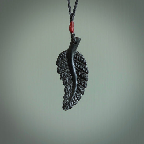 Hand carved black fern pendant. Handmade by NZ Pacific. Black fern necklace, jewellery from Australian black jade.