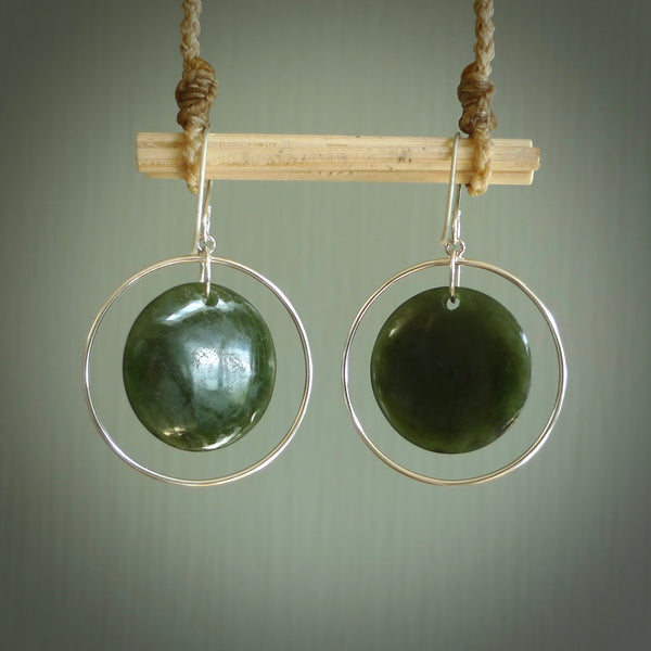 Hand carved medium New Zealand jade circle earrings. Made by NZ Pacific from real jade. Online jewellery for sale online by NZ Pacific.