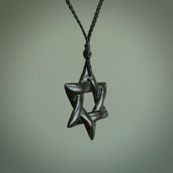 Hand carved Australian Black Jade Magen David pendant. Hand made Black Jade Star of David necklace.