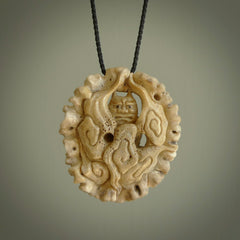 Hand carved Raiden Pendant. Made from Red Deer antler in New Zealand. Unique Japanese necklace hand made from deer antler by master bone carver Fumio Noguchi. Spectacular collectable work of art, made to wear. One only pendant, delivered to you at no extra cost with express courier.