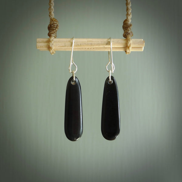 Hand carved Black Jade drop Earrings by Amanda Thompson. Made by NZ Pacific and for sale online. Black Jade, Hand made Jewellery made in New Zealand. Free delivery worldwide. One pair only, delivered in a kete pouch.