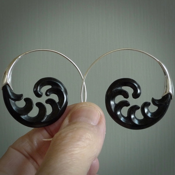 Hand carved hoop earrings, made from Black Jade with sterling silver. An NZ Pacific design.