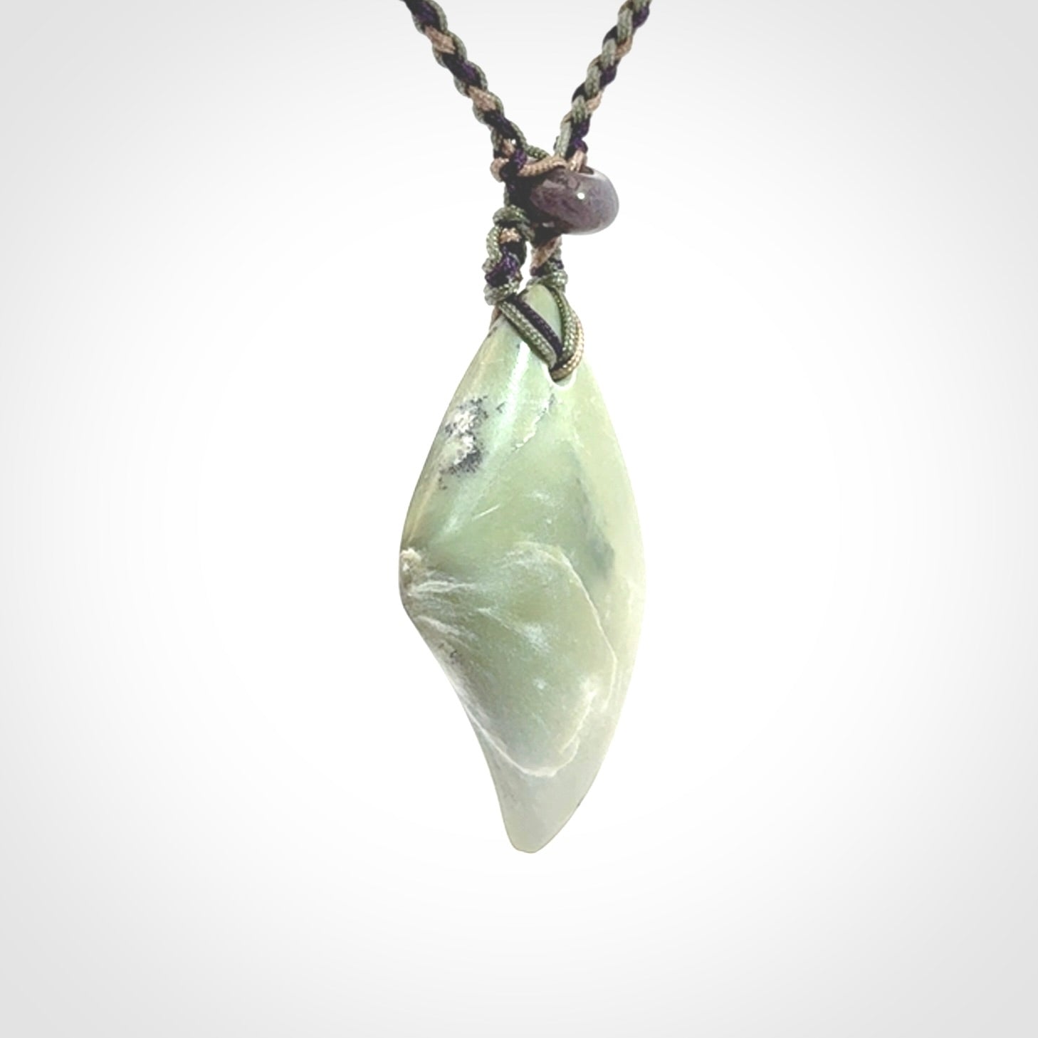 Hand carved New Zealand Jade drop pendant with adjustable cord. Free shipping worldwide.