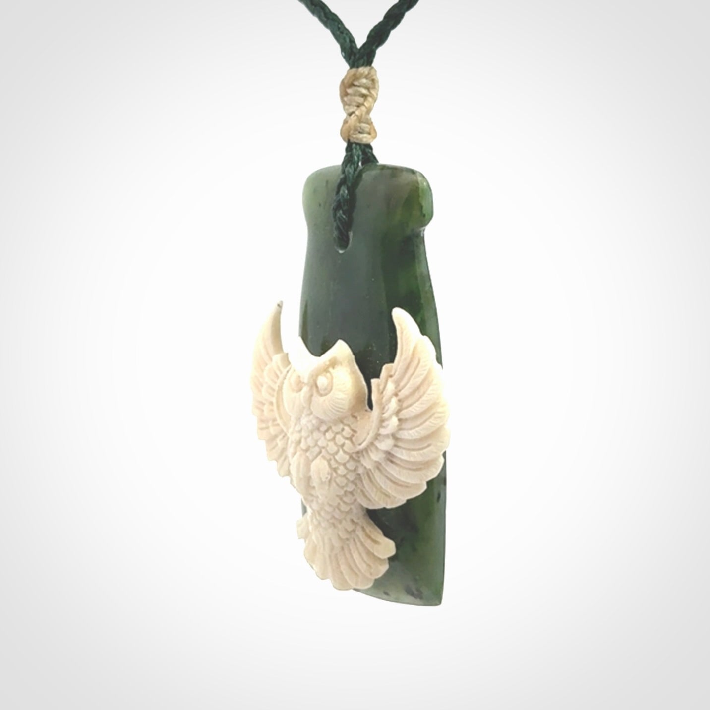 Hand carved bone owl jade toki pendant. Beautiful Jade and Bone Owl Toki pendant with adjustable cord. Delivered to you with Express Courier.