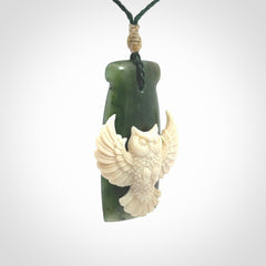 Hand carved bone owl jade toki pendant. Beautiful Jade and Bone Owl Toki pendant with adjustable cord. Delivered to you with Express Courier.