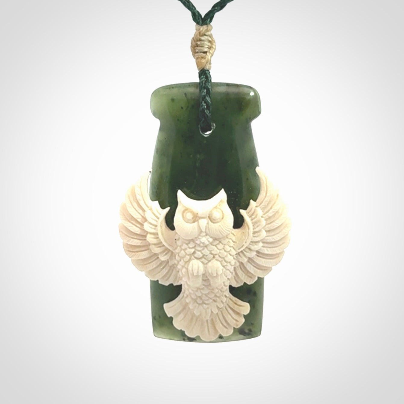 Hand carved bone owl jade toki pendant. Beautiful Jade and Bone Owl Toki pendant with adjustable cord. Delivered to you with Express Courier.
