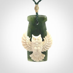 Hand carved bone owl jade toki pendant. Beautiful Jade and Bone Owl Toki pendant with adjustable cord. Delivered to you with Express Courier.