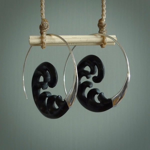 Hand carved hoop earrings, made from Black Jade with sterling silver. An NZ Pacific design.