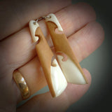 Hand carved large bone earrings with double koru. Hand made by Tj. One only large bone Koru earrings. Real bone art to wear. Free Shipping worldwide.