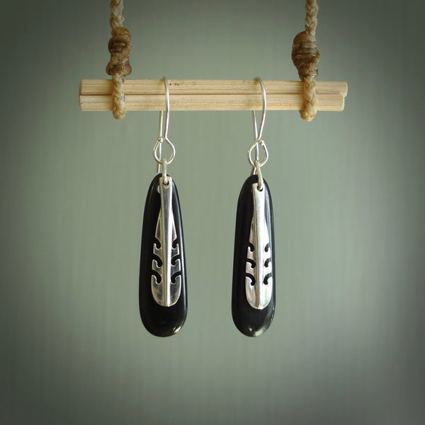 Hand carved Black Jade drop Earrings by Amanda Thompson. Made by NZ Pacific and for sale online. Black Jade, Hand made Jewellery made in New Zealand. Free delivery worldwide. One pair only, delivered in a kete pouch.