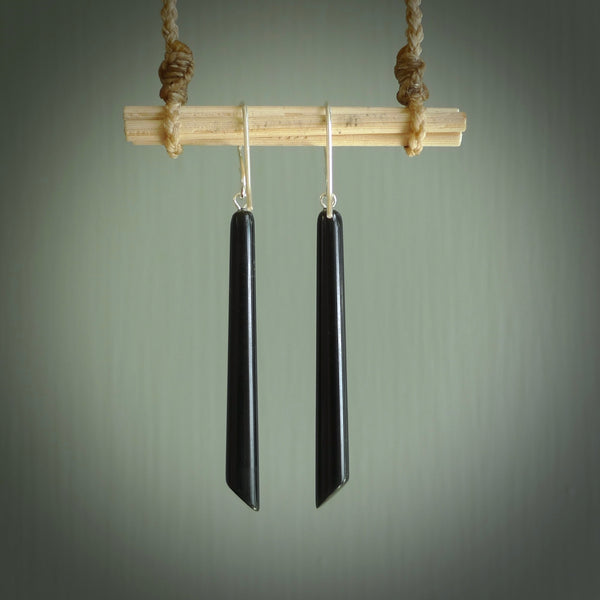 Hand carved Black Jade drop Earrings by Amanda Thompson. Made by NZ Pacific and for sale online. Black Jade, Hand made Jewellery made in New Zealand. Free delivery worldwide.