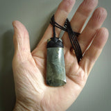 Hand made large New Zealand jade toki pendant. Hand carved in New Zealand by Raegan Bregmen. Hand made jewellery. Unique large Jade Toki with adjustable length black coloured cord. Free shipping worldwide.