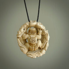Hand carved Raiden Pendant. Made from Red Deer antler in New Zealand. Unique Japanese necklace hand made from deer antler by master bone carver Fumio Noguchi. Spectacular collectable work of art, made to wear. One only pendant, delivered to you at no extra cost with express courier.