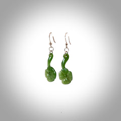 New Zealand Jade four leaf clover earrings. Good luck earrings hand carved in jade. Irish four leaf clover jade earrings, one pair only. Delivered with express courier.