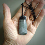 Hand made large New Zealand jade toki pendant. Hand carved in New Zealand by Raegan Bregmen. Hand made jewellery. Unique large Jade Toki with adjustable length black coloured cord. Free shipping worldwide.