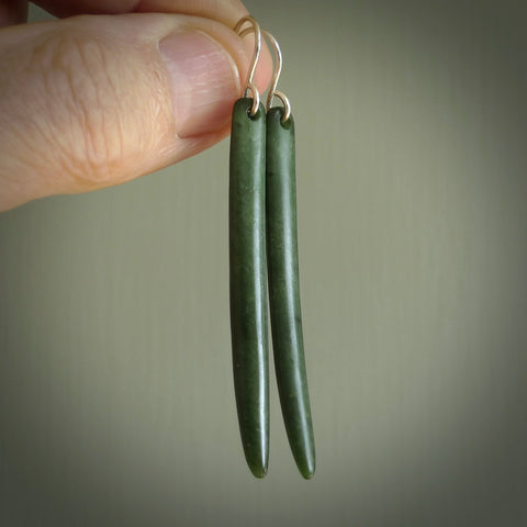 Hand carved large New Zealand jade drop earrings. Made by NZ Pacific from real jade. Online jewellery for sale online by NZ Pacific. Large sized Jade drop earrings hand carved by New Zealand carver Ric Moor.