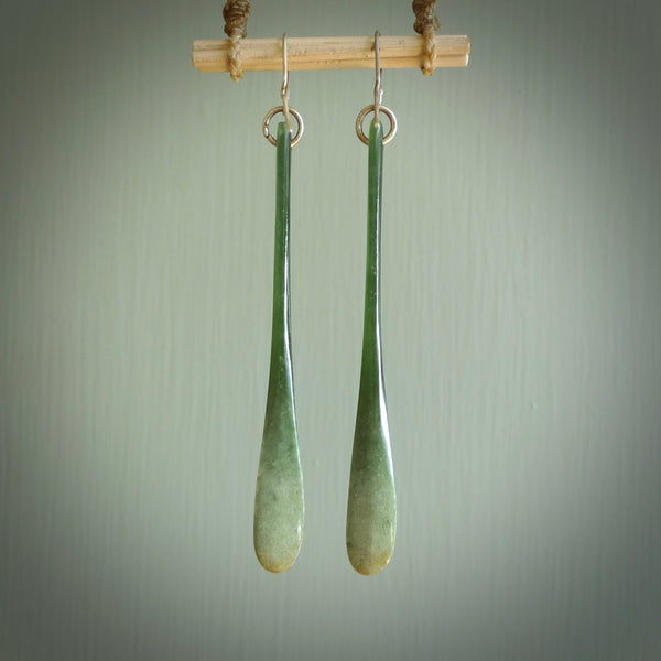 This picture shows hand carved New Zealand Jade, Pounamu drop earrings. Delivery is free worldwide. NZ made Jade earrings. One pair only, hand carved by New Zealand artist, Nicola Rees.