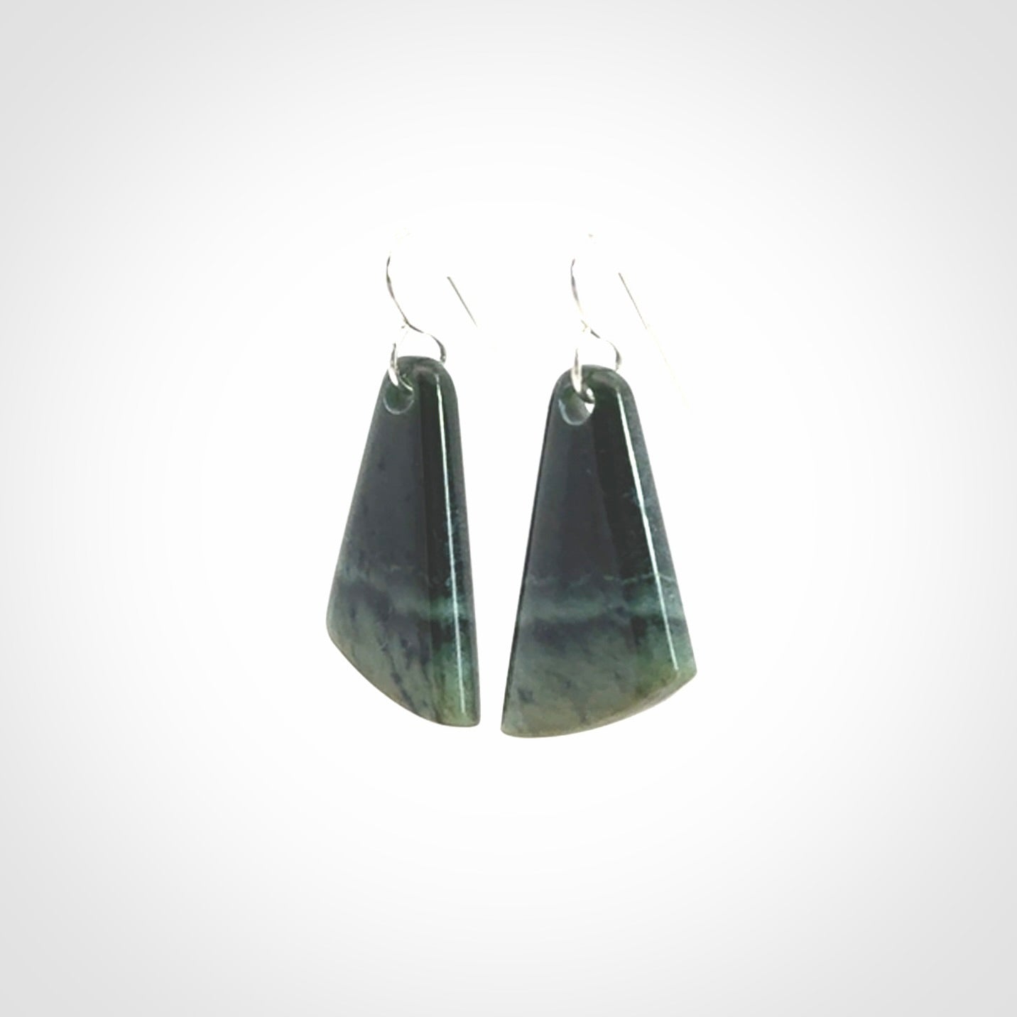 Hand crafted New Zealand Inanga Jade drop earrings with Sterling Silver Hooks. Jade drop earrings, packaged in a woven kete pouch.