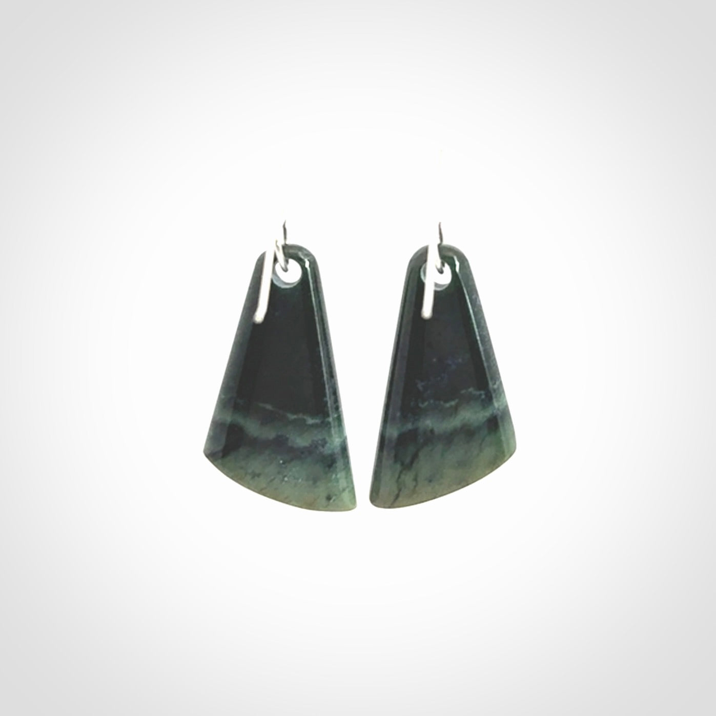 Hand crafted New Zealand Inanga Jade drop earrings with Sterling Silver Hooks. Jade drop earrings, packaged in a woven kete pouch.