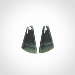 Hand crafted New Zealand Inanga Jade drop earrings with Sterling Silver Hooks. Jade drop earrings, packaged in a woven kete pouch.