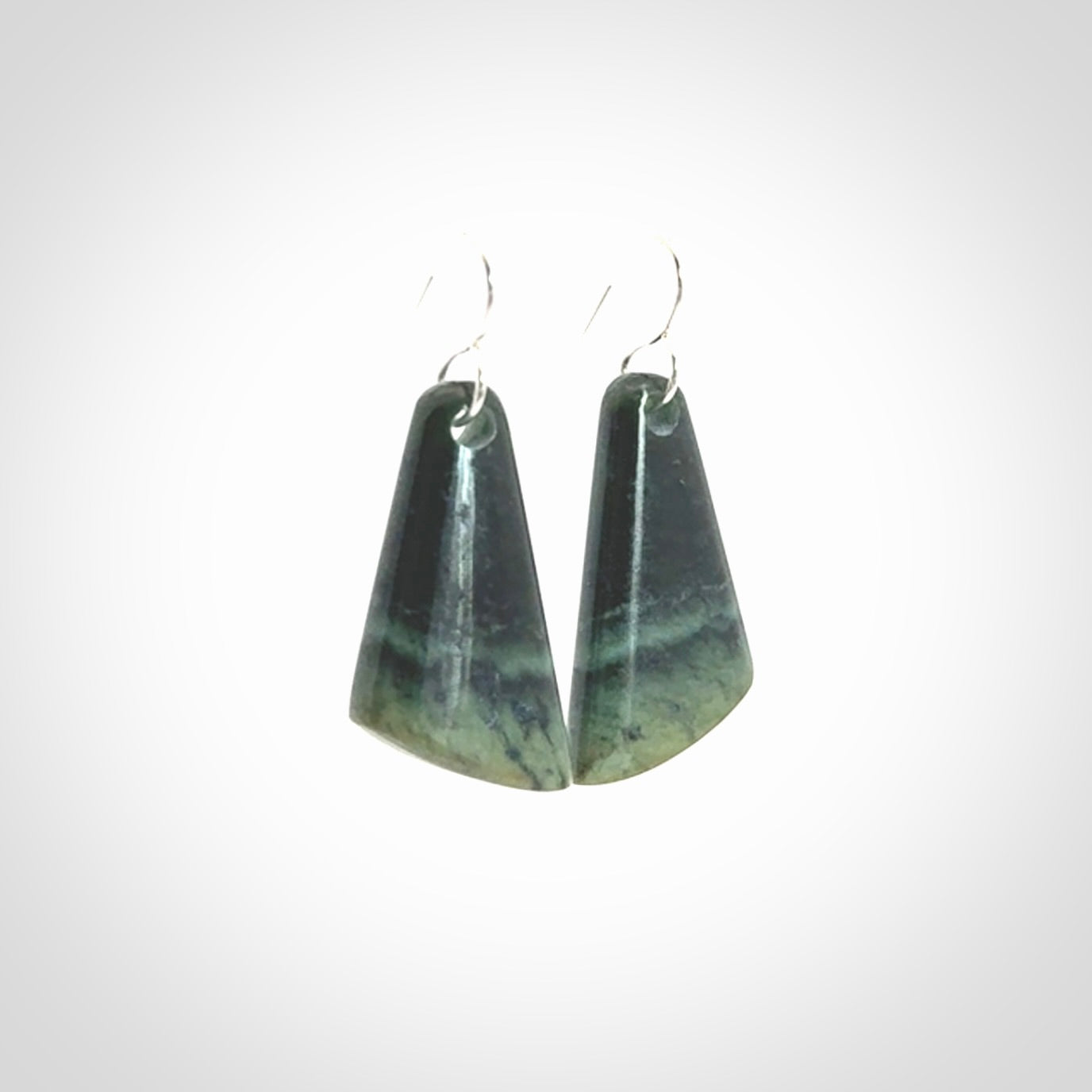 Hand crafted New Zealand Inanga Jade drop earrings with Sterling Silver Hooks. Jade drop earrings, packaged in a woven kete pouch.