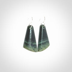 Hand crafted New Zealand Inanga Jade drop earrings with Sterling Silver Hooks. Jade drop earrings, packaged in a woven kete pouch.