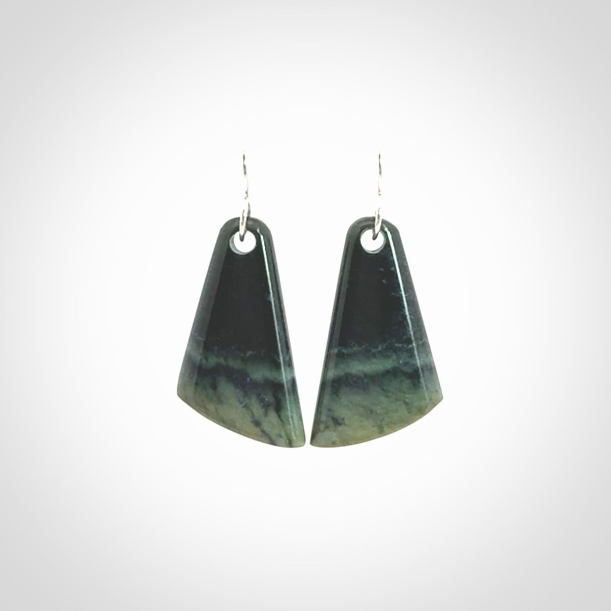 Hand crafted New Zealand Inanga Jade drop earrings with Sterling Silver Hooks. Jade drop earrings, packaged in a woven kete pouch.