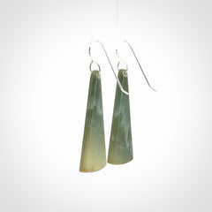 Hand crafted New Zealand Inanga Jade drop earrings with Sterling Silver Hooks. Jade drop earrings, packaged in a woven kete pouch.