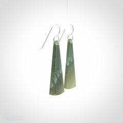 Hand crafted New Zealand Inanga Jade drop earrings with Sterling Silver Hooks. Jade drop earrings, packaged in a woven kete pouch.