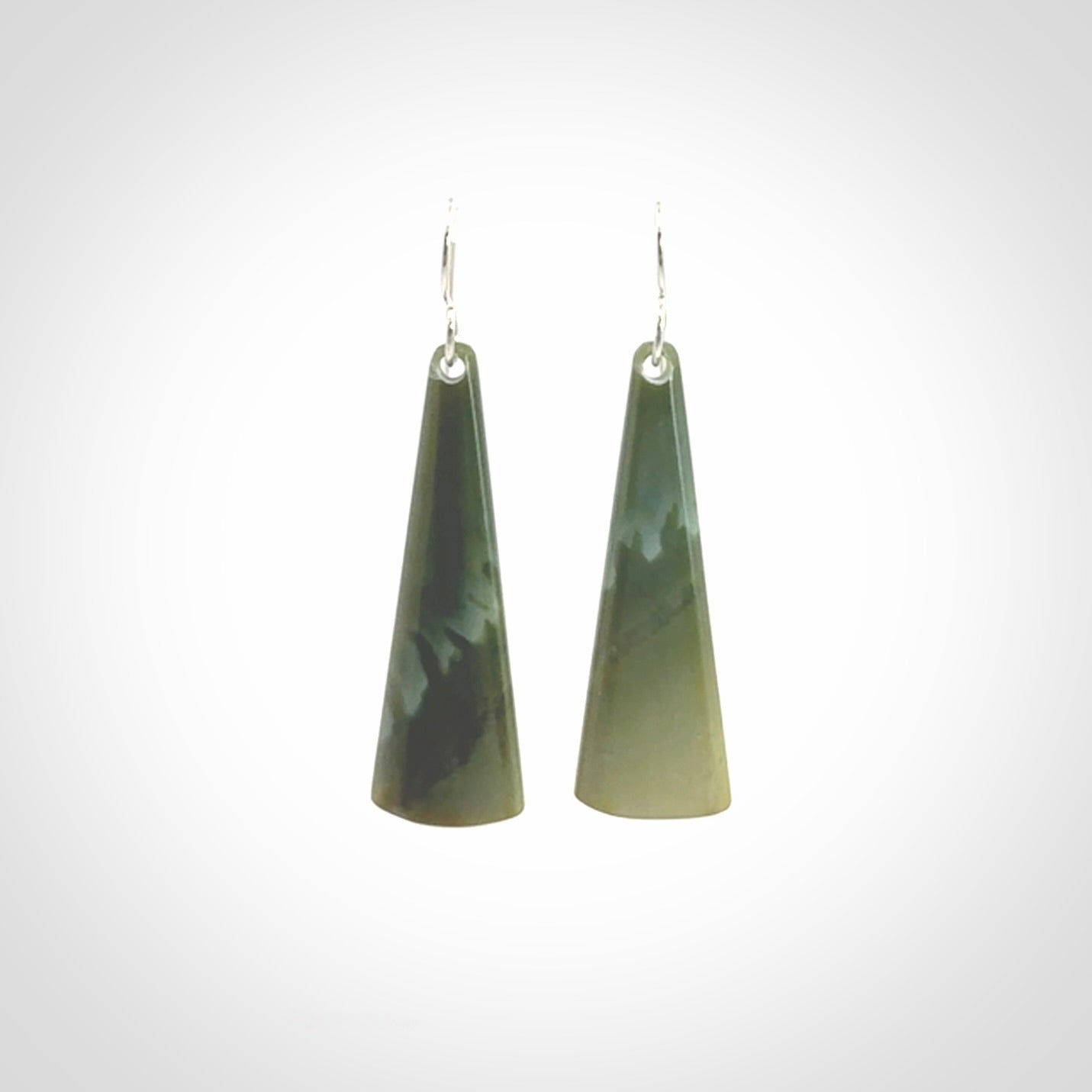 Hand crafted New Zealand Inanga Jade drop earrings with Sterling Silver Hooks. Jade drop earrings, packaged in a woven kete pouch.