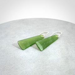 Hand crafted New Zealand Kawakawa Jade drop earrings with Sterling Silver Hooks. Jade drop earrings, packaged in a woven kete pouch.