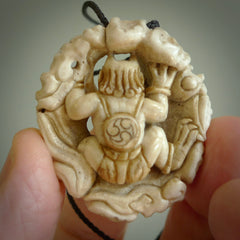 Hand carved Raiden Pendant. Made from Red Deer antler in New Zealand. Unique Japanese necklace hand made from deer antler by master bone carver Fumio Noguchi. Spectacular collectable work of art, made to wear. One only pendant, delivered to you at no extra cost with express courier.