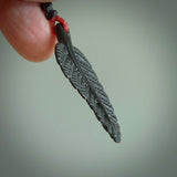 Hand carved black fern pendant. Handmade by NZ Pacific. Black fern necklace, jewellery from Australian black jade.