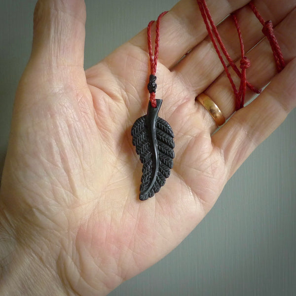 Hand carved black fern pendant. Handmade by NZ Pacific. Black fern necklace, jewellery from Australian black jade.