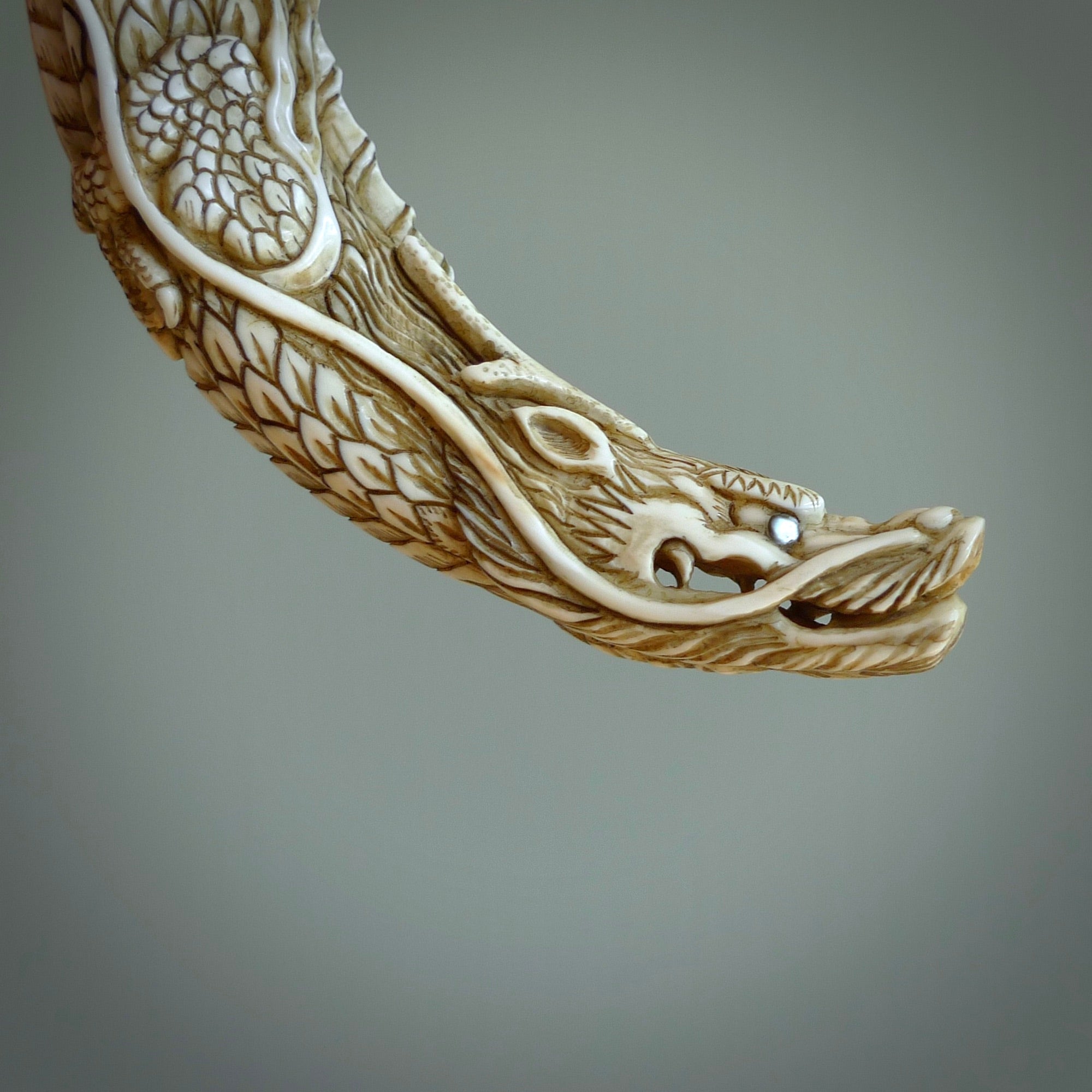 Hand carved dragon Pendant. Made from warthog tusk in New Zealand. Unique dragon necklace hand made from warthog tusk by master bone carver Fumio Noguchi. Spectacular collectable work of art, made to wear. One only pendant, delivered to you at no extra cost with express courier.