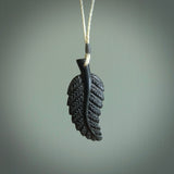 Hand carved black fern pendant. Handmade by NZ Pacific. Black fern necklace, jewellery from Australian black jade.