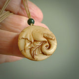 This is a hand carved elephant pendant. It is made from Tigara nut. This is a small sized necklace and is a very unique, one only, pendant that is a collectors piece. Hand carved by New Zealand artist, Sami.