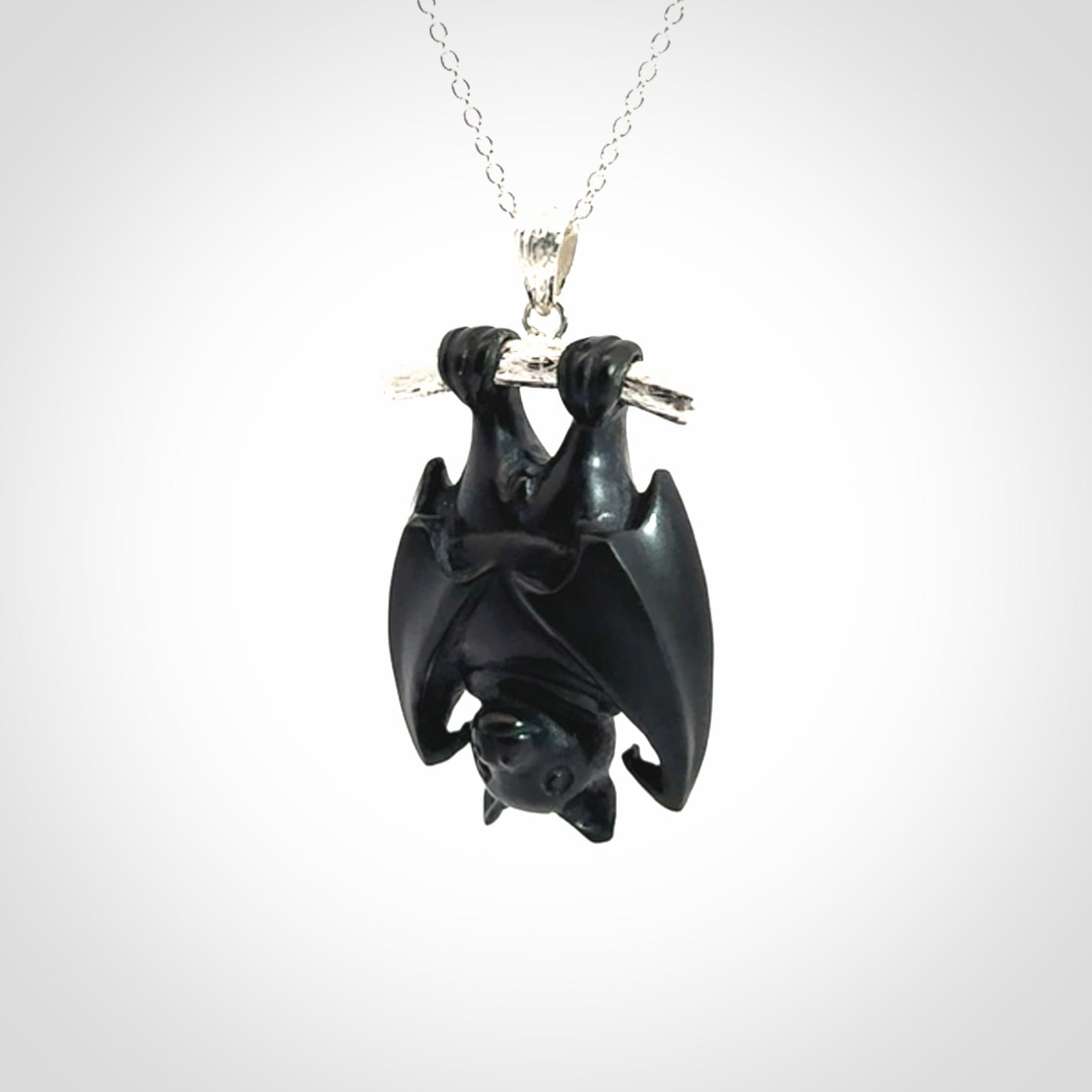 Hand carved black jade bat pendant with sterling silver