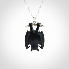 Hand carved black jade bat pendant with sterling silver