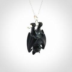 Hand carved black jade bat pendant with sterling silver