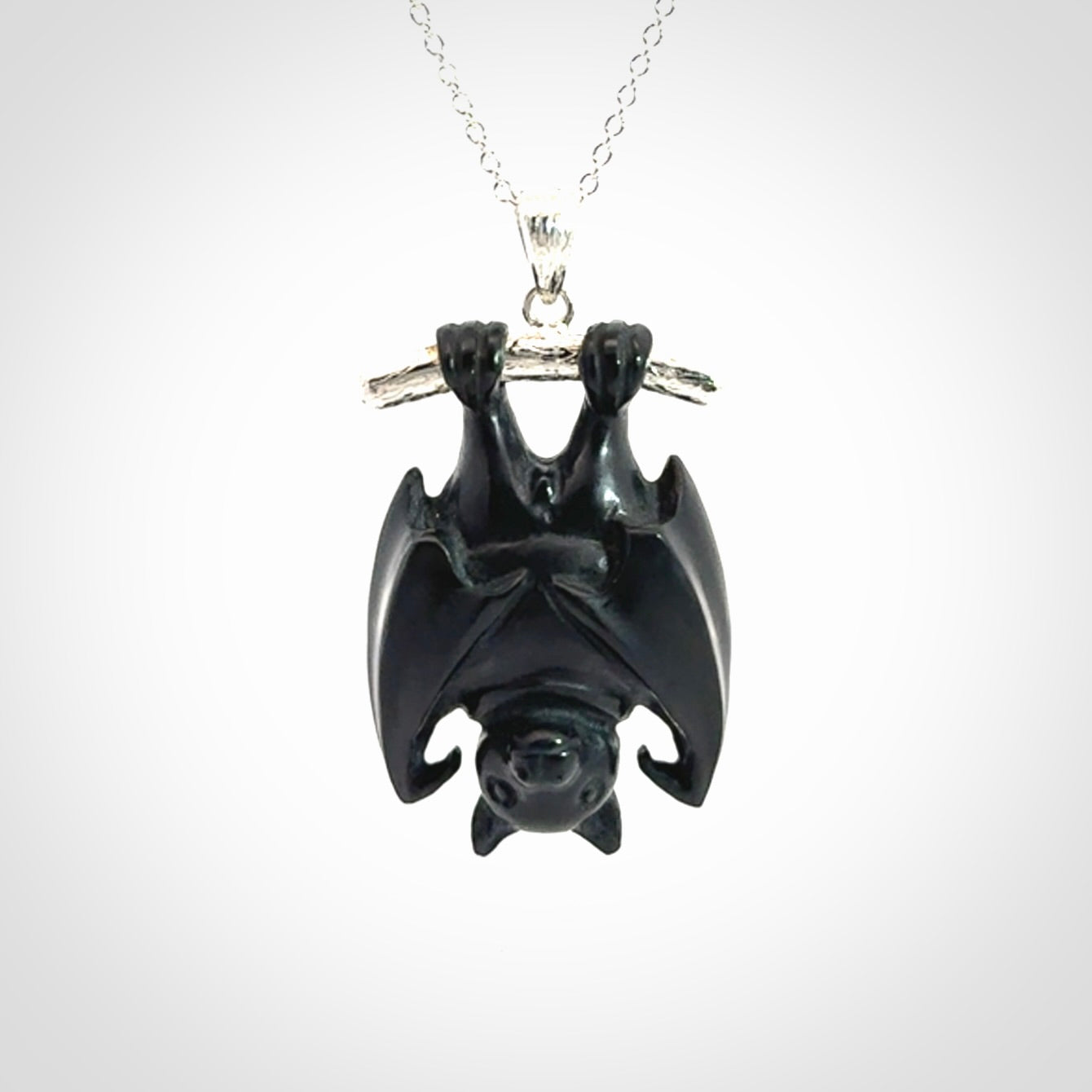 Hand carved black jade bat pendant with sterling silver
