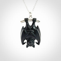 Hand carved black jade bat pendant with sterling silver
