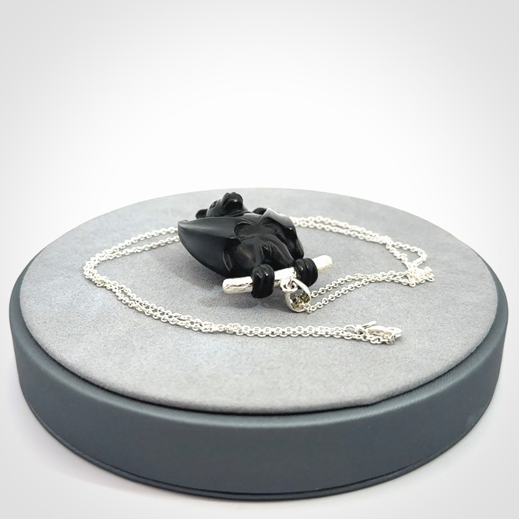 Hand carved black jade bat pendant with sterling silver