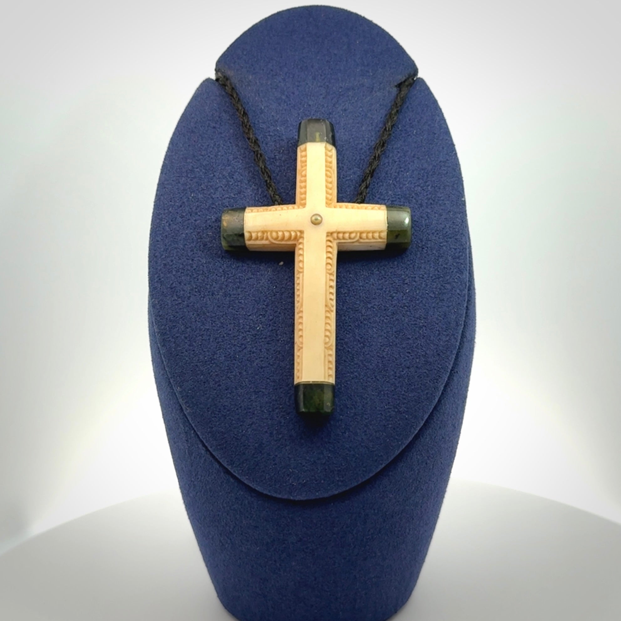 Hand made bone with jade cross pendant